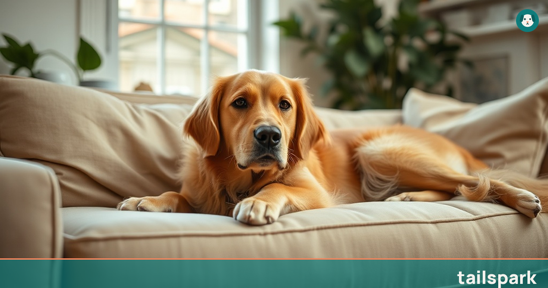 How to calm an anxious dog - golden retriever relaxing on sofa