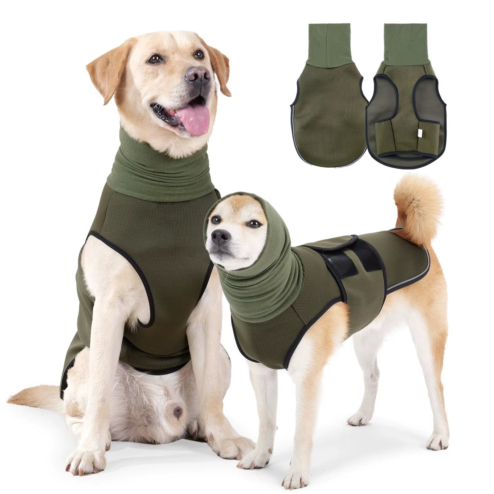 CalmWrap anti-anxiety dog vest in olive green — worn by Labrador and Shiba Inu