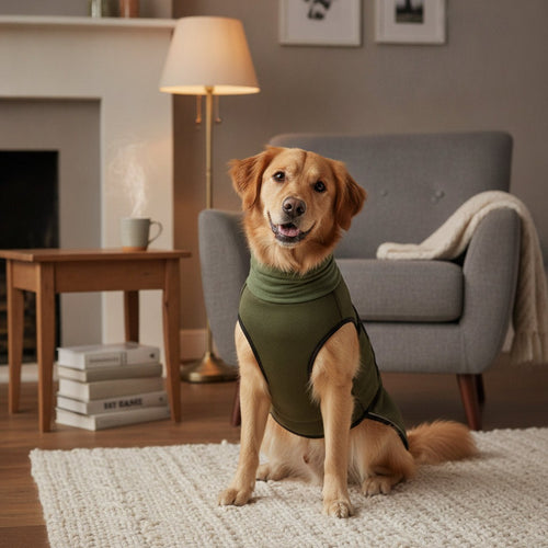 Golden retriever wearing CalmWrap calming vest indoors — relaxed and calm