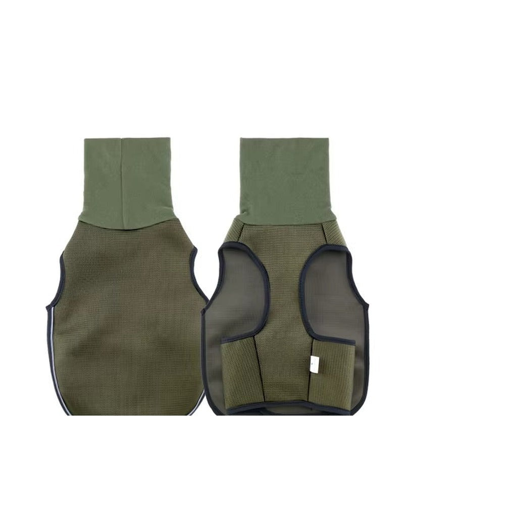 CalmWrap anxiety vest — front and back view in olive green with reflective strip