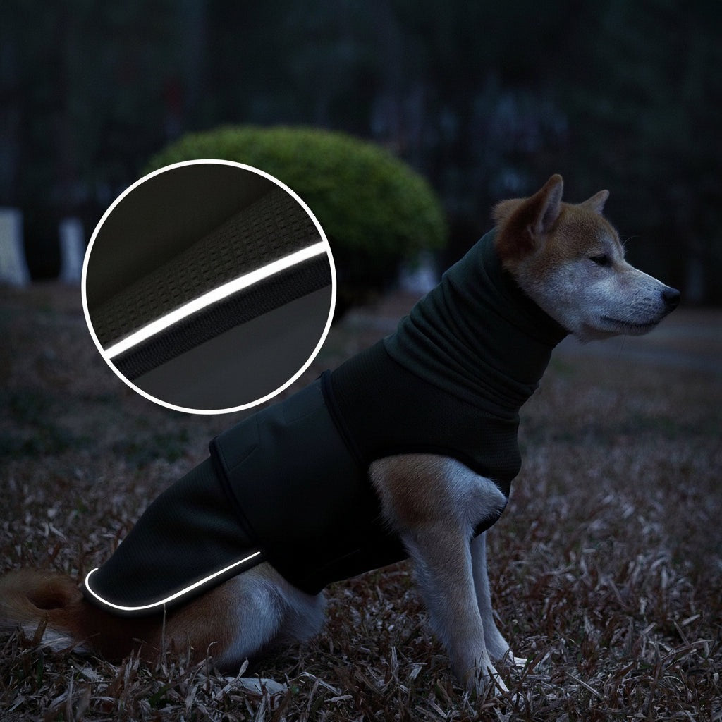CalmWrap dog vest at night — reflective strip detail for safe evening walks