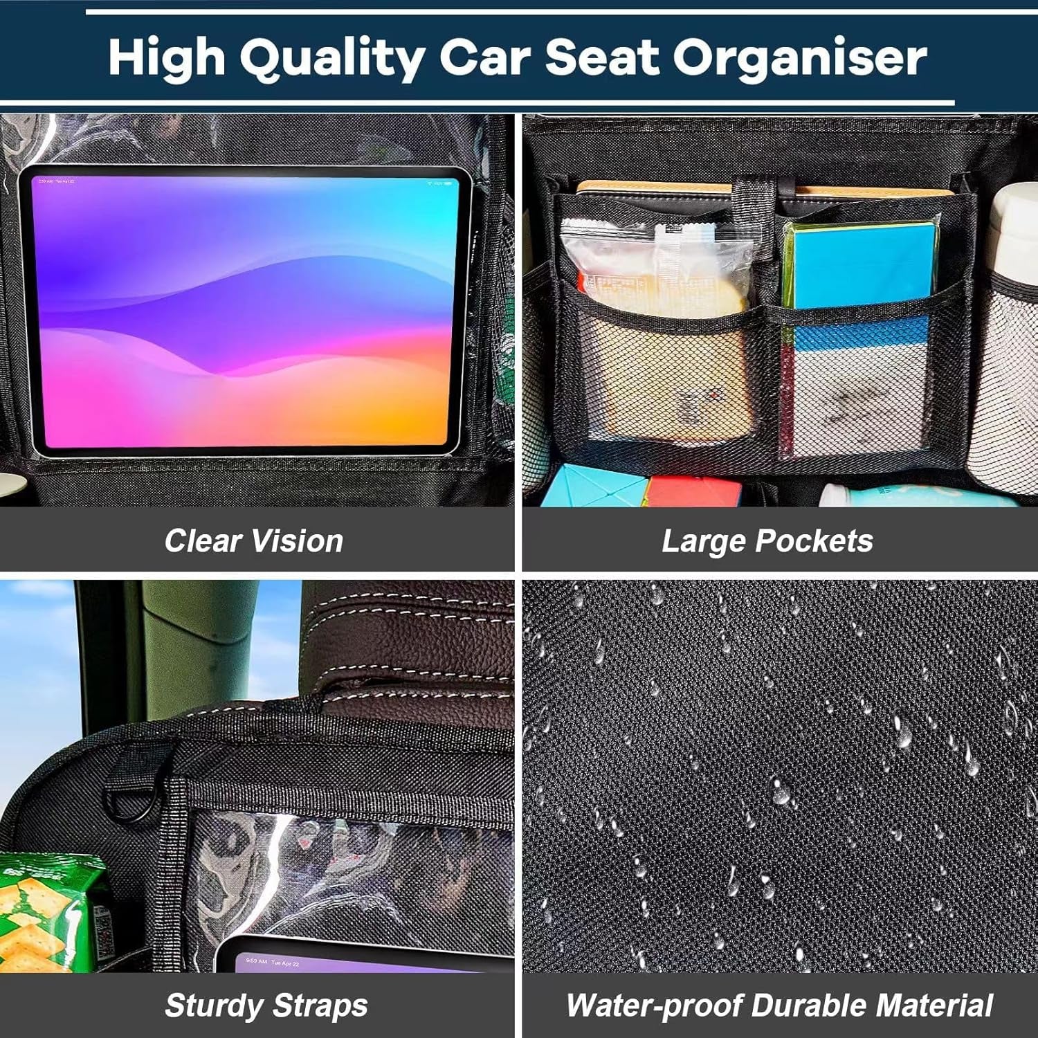 Car Seat Organizer, 2 Pack Backseat Car Organizer for Kids, Car Back Seat Protector Car Travel Accessories with Pad Tablet Holder and 9 Storage Pockets, Black
