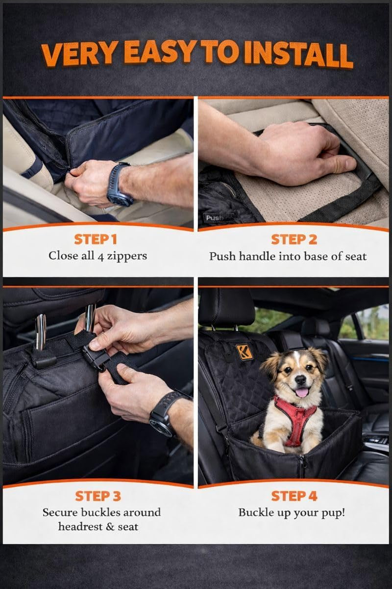 Muttstuff Car Seat for Pets - Waterproof Booster Seat Puppy Seat Belt, 2-In-1 Seat Cover for Dog in Car, Puppy Travel Car Seat, Foldable Safety Basket Seat for Small to Medium Dogs