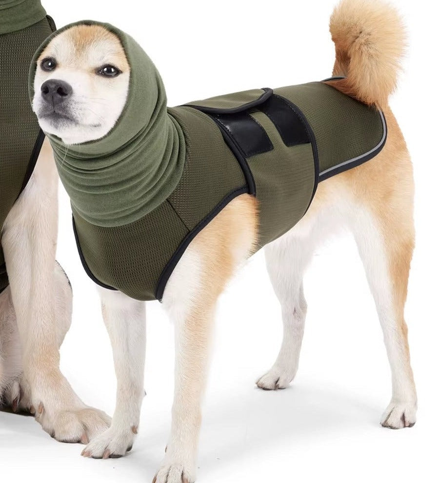 CalmWrap calming hood pulled over dog's head — snood design for fireworks and storms