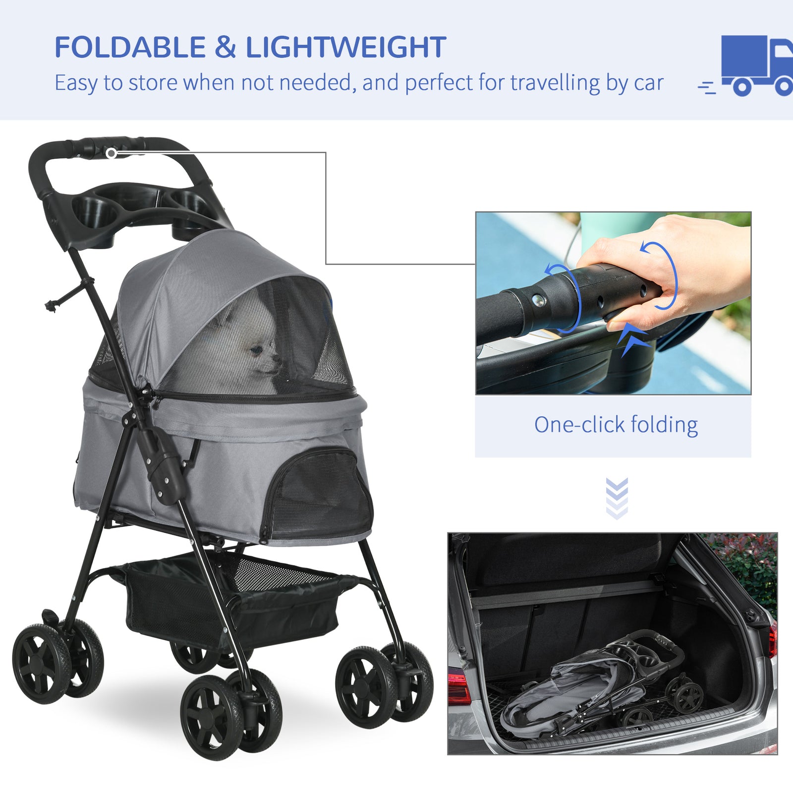 Pawhut Dog Stroller with Rain Cover EVA Wheels Brake Basket Adjustable Canopy