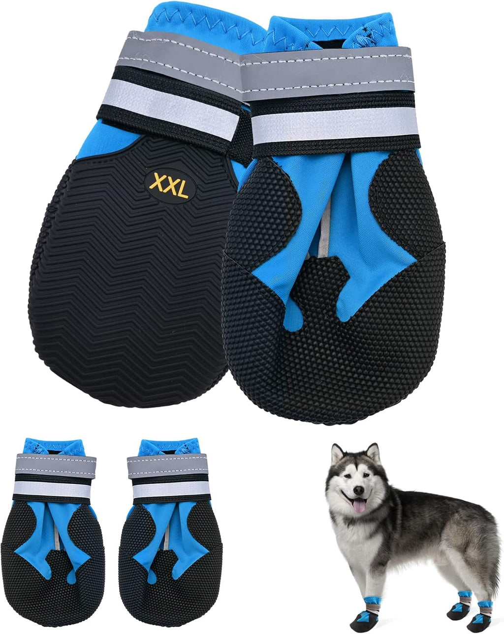 Dog Boots, Set of 4 Waterproof Dog Shoes with Reflective Straps Anti-Slip Sole Outdoor Paw Protectors Puppy Shoes for Small Medium Dogs Autumn Winter (Blue, XXL)