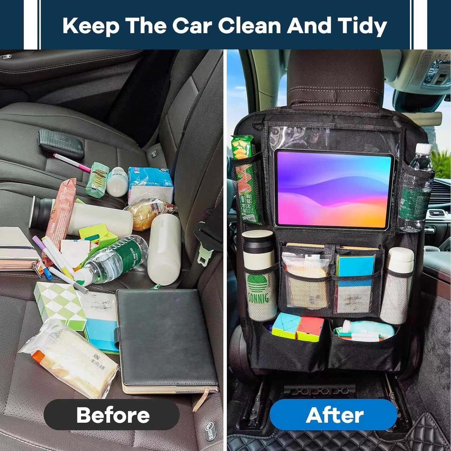 Car Seat Organizer, 2 Pack Backseat Car Organizer for Kids, Car Back Seat Protector Car Travel Accessories with Pad Tablet Holder and 9 Storage Pockets, Black