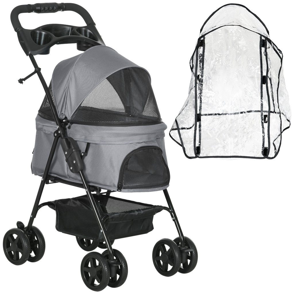 Pawhut Dog Stroller with Rain Cover EVA Wheels Brake Basket Adjustable Canopy