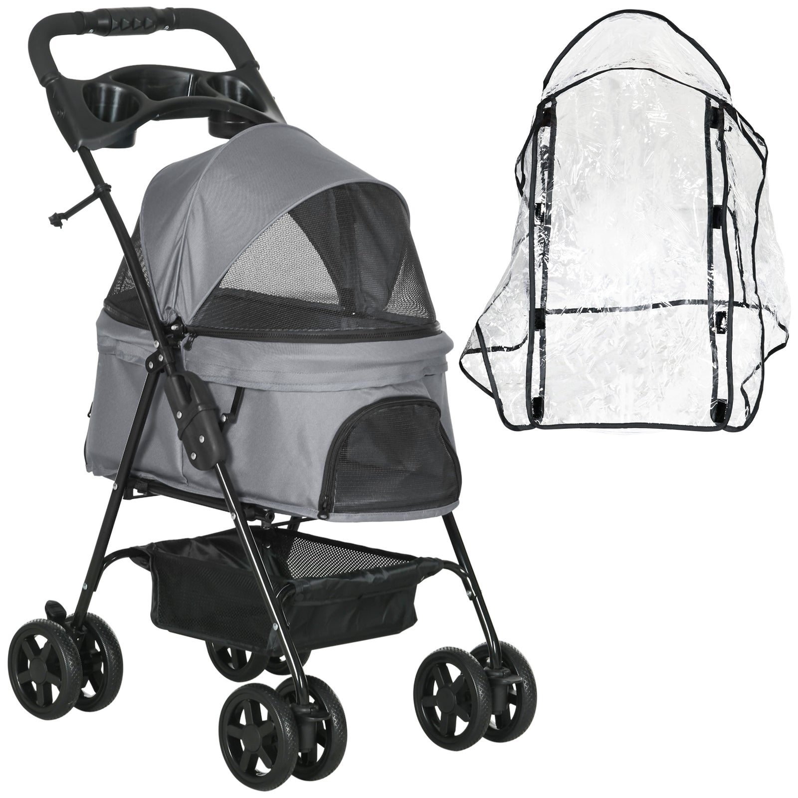 Pawhut Dog Stroller with Rain Cover EVA Wheels Brake Basket Adjustable Canopy