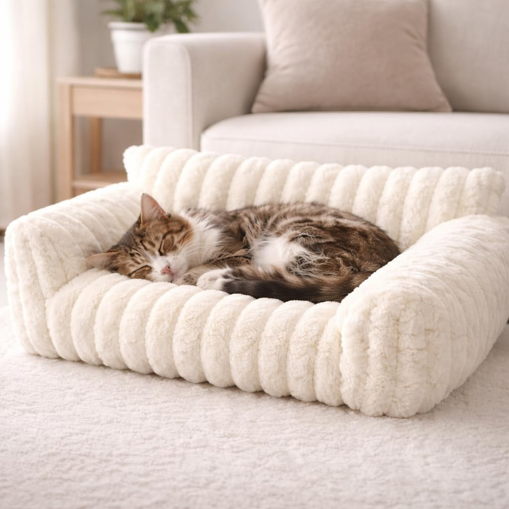 Luxury Plush Orthopaedic Dog Bed Soft Ribbed Cat Pet Sofa Washable Calming 86Cm