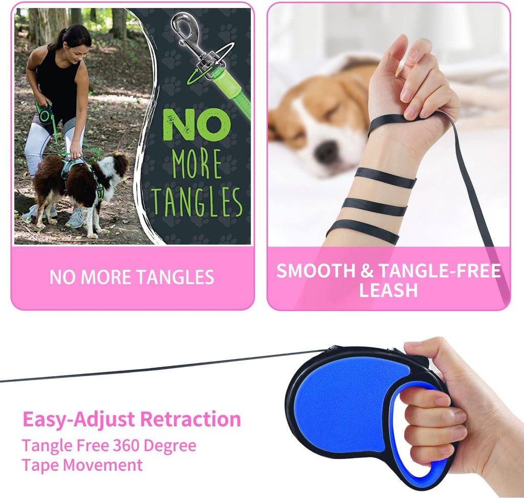 Retractable Dog Lead,  5M/16FT Extendable Dog Lead 360°Tangle-Free Smooth&Durable Nylon Tape with Anti-Slip Handle, One-Handed Brake for Small Medium Dogs (Navy Blue)