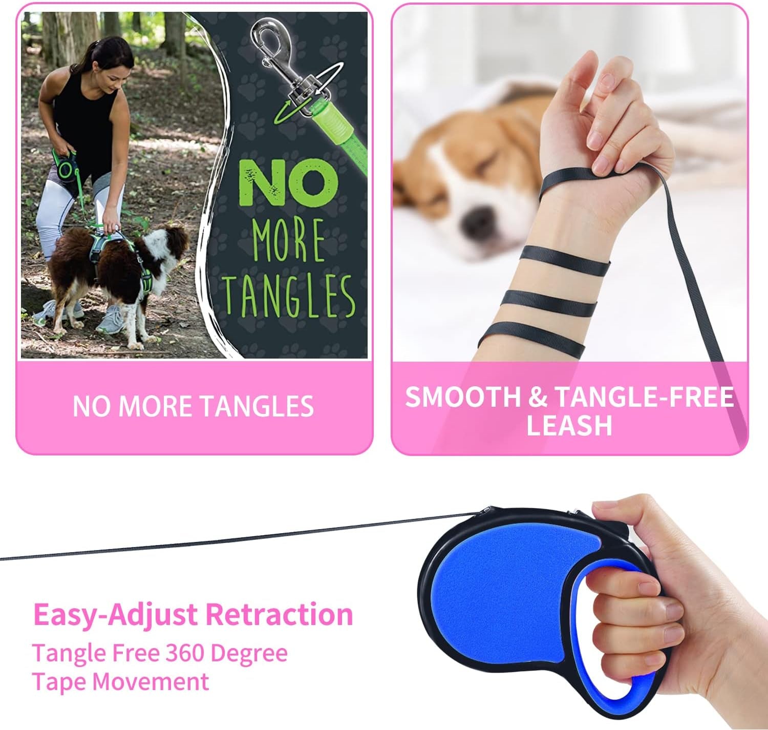 Retractable Dog Lead,  5M/16FT Extendable Dog Lead 360°Tangle-Free Smooth&Durable Nylon Tape with Anti-Slip Handle, One-Handed Brake for Small Medium Dogs (Navy Blue)