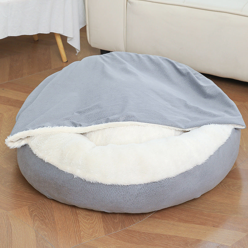 Grey cave dog bed with hood fully open — revealing deep white plush interior and rounded shape