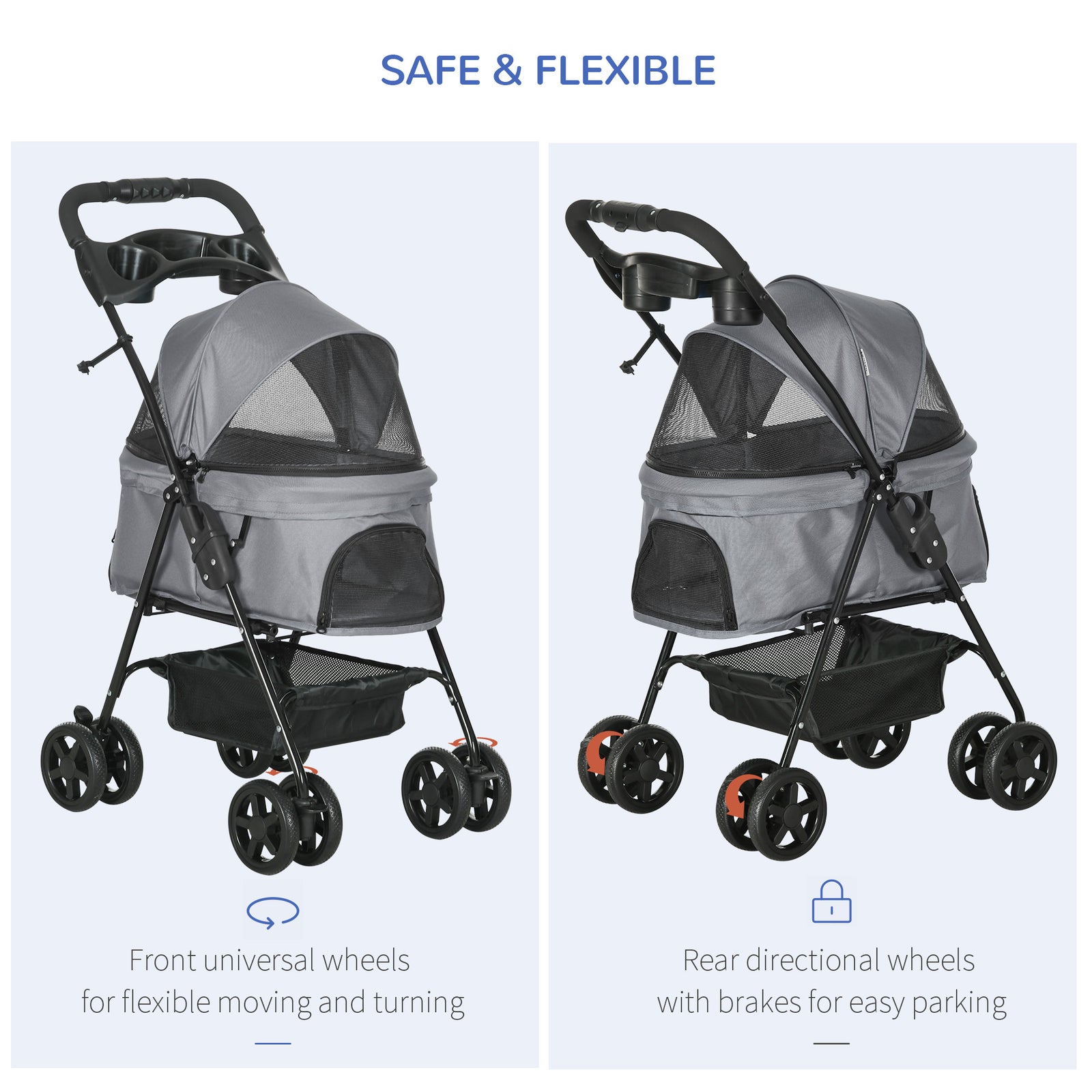 Pawhut Dog Stroller with Rain Cover EVA Wheels Brake Basket Adjustable Canopy
