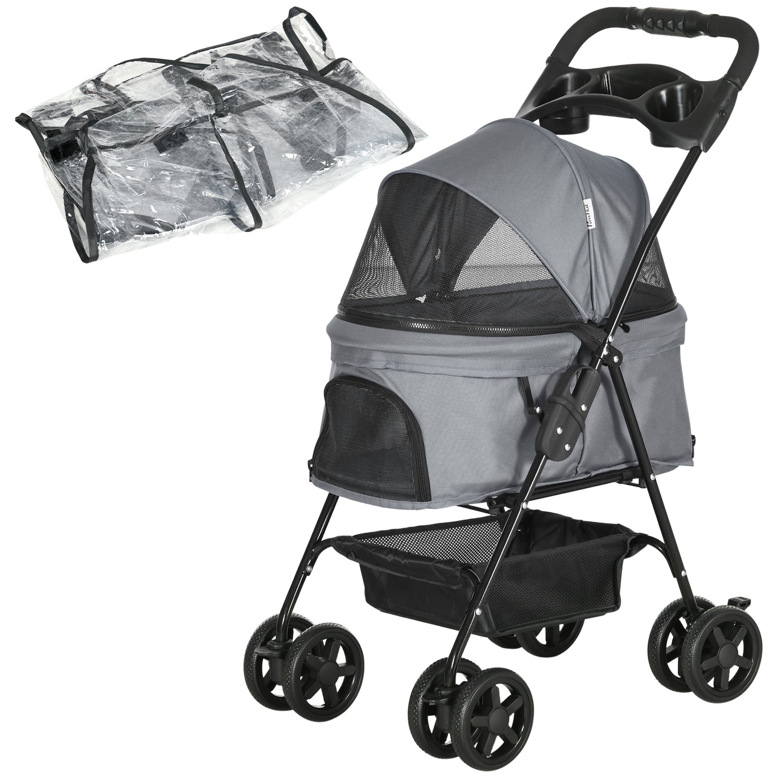 Pawhut Dog Stroller with Rain Cover EVA Wheels Brake Basket Adjustable Canopy