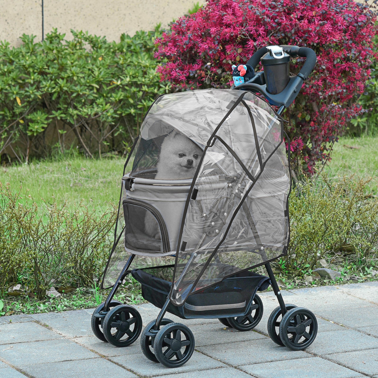 Pawhut Dog Stroller with Rain Cover EVA Wheels Brake Basket Adjustable Canopy