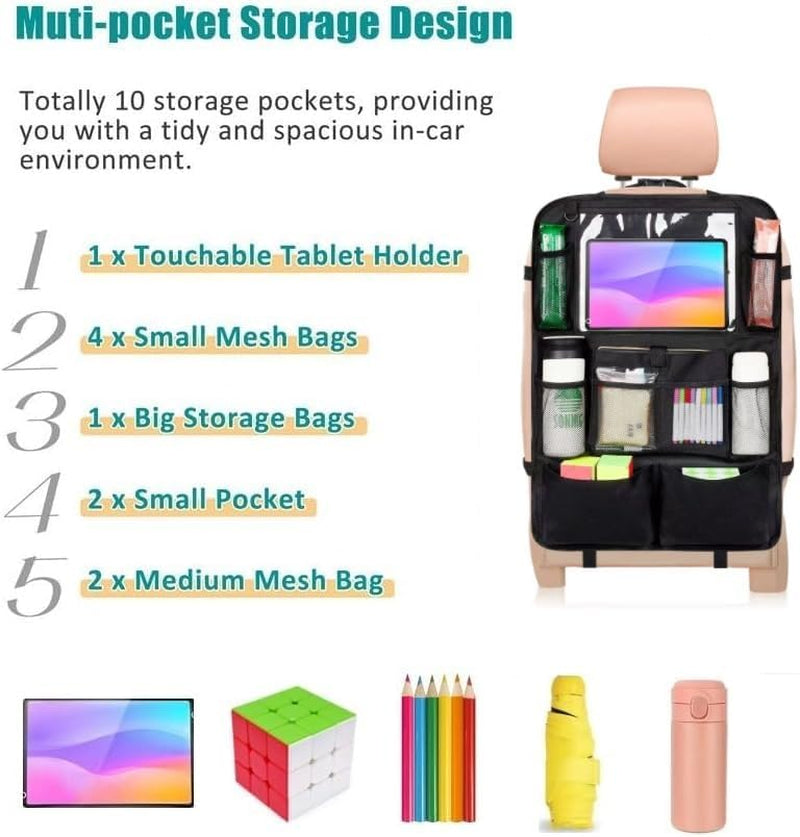 Car Seat Organizer, 2 Pack Backseat Car Organizer for Kids, Car Back Seat Protector Car Travel Accessories with Pad Tablet Holder and 9 Storage Pockets, Black