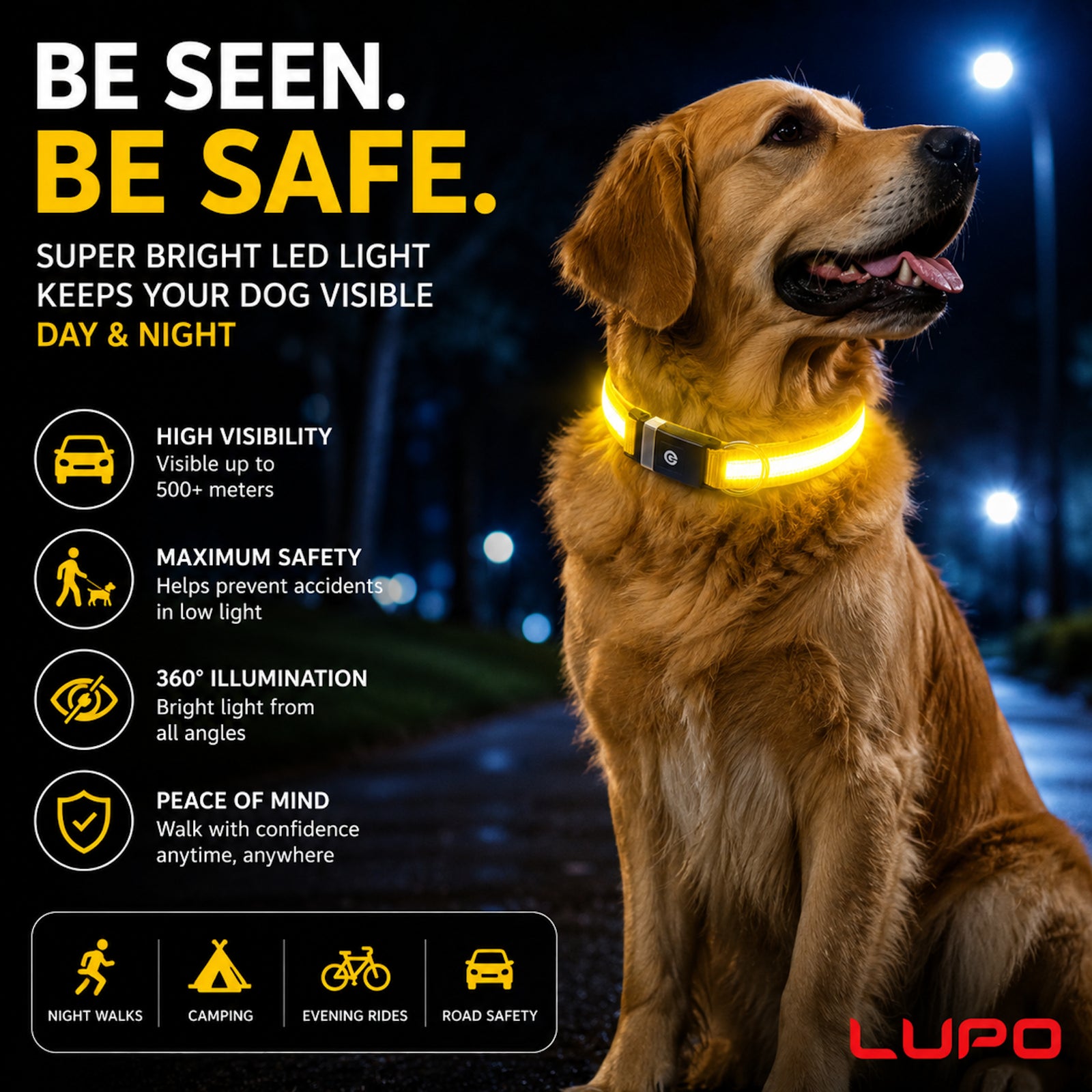 LED Dog Pet Collar USB Rechargeable Flashing Luminous Safety Night Light Up