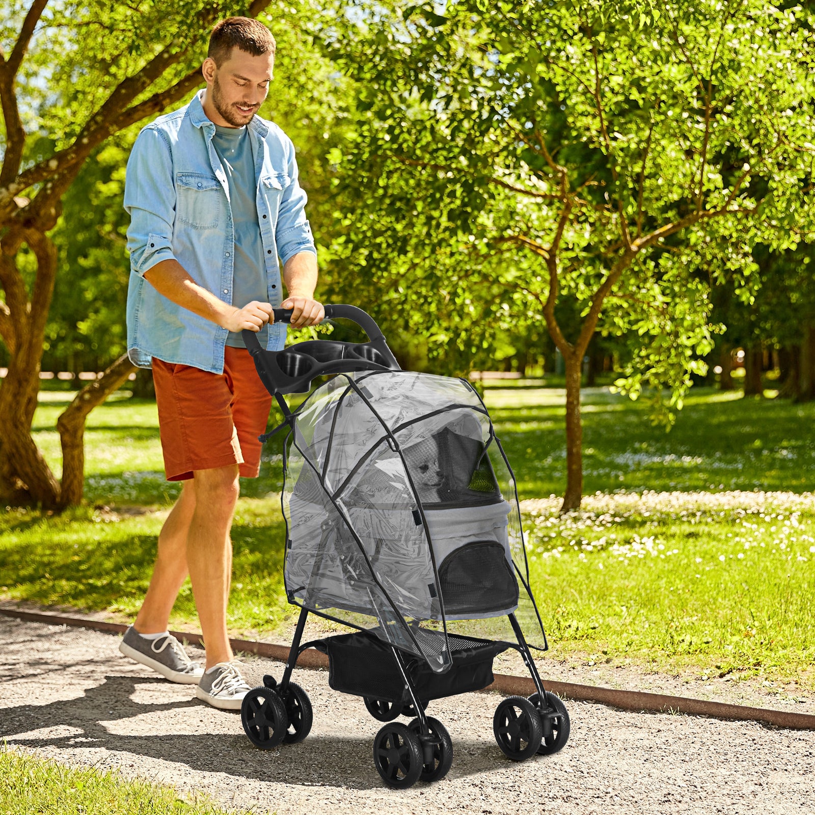 Pawhut Dog Stroller with Rain Cover EVA Wheels Brake Basket Adjustable Canopy