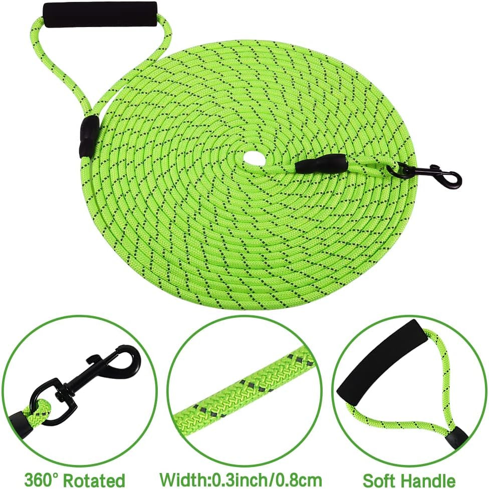 Long Dog Lead, 10M/32FT Reflective Floating Long Leads for Dog Training with Soft Handle for Camping, Hiking, Swimming, Beach and Lake (Reflective Green)