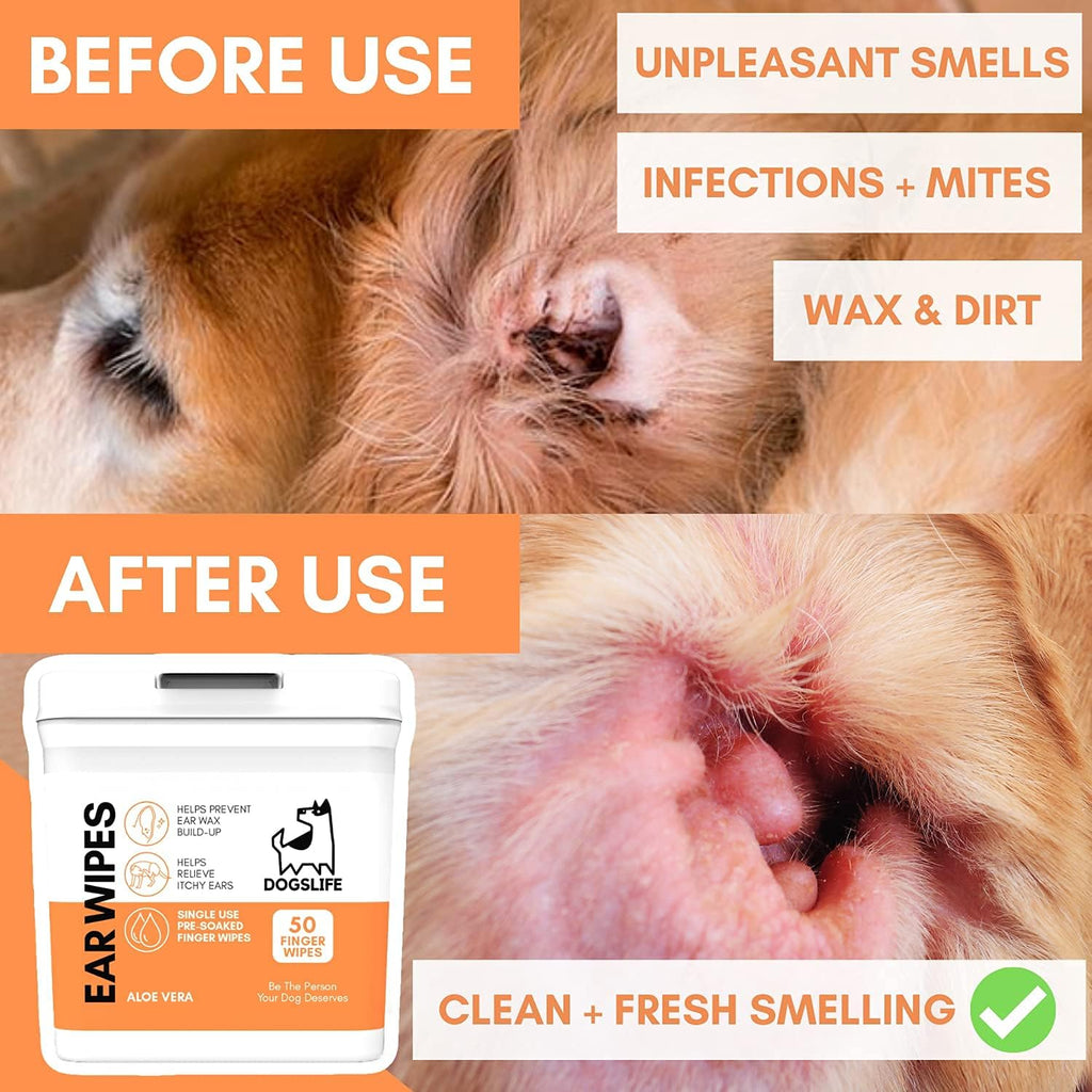 Dog Ear Wipes | Soft, Quick & Easy Ear Wipes for Dogs | Remove Wax, Dirt & Stop Smelly, Itchy Dog Ears | 50 Soothing Aloe Vera Dog Ear Cleaning Finger Wipes!