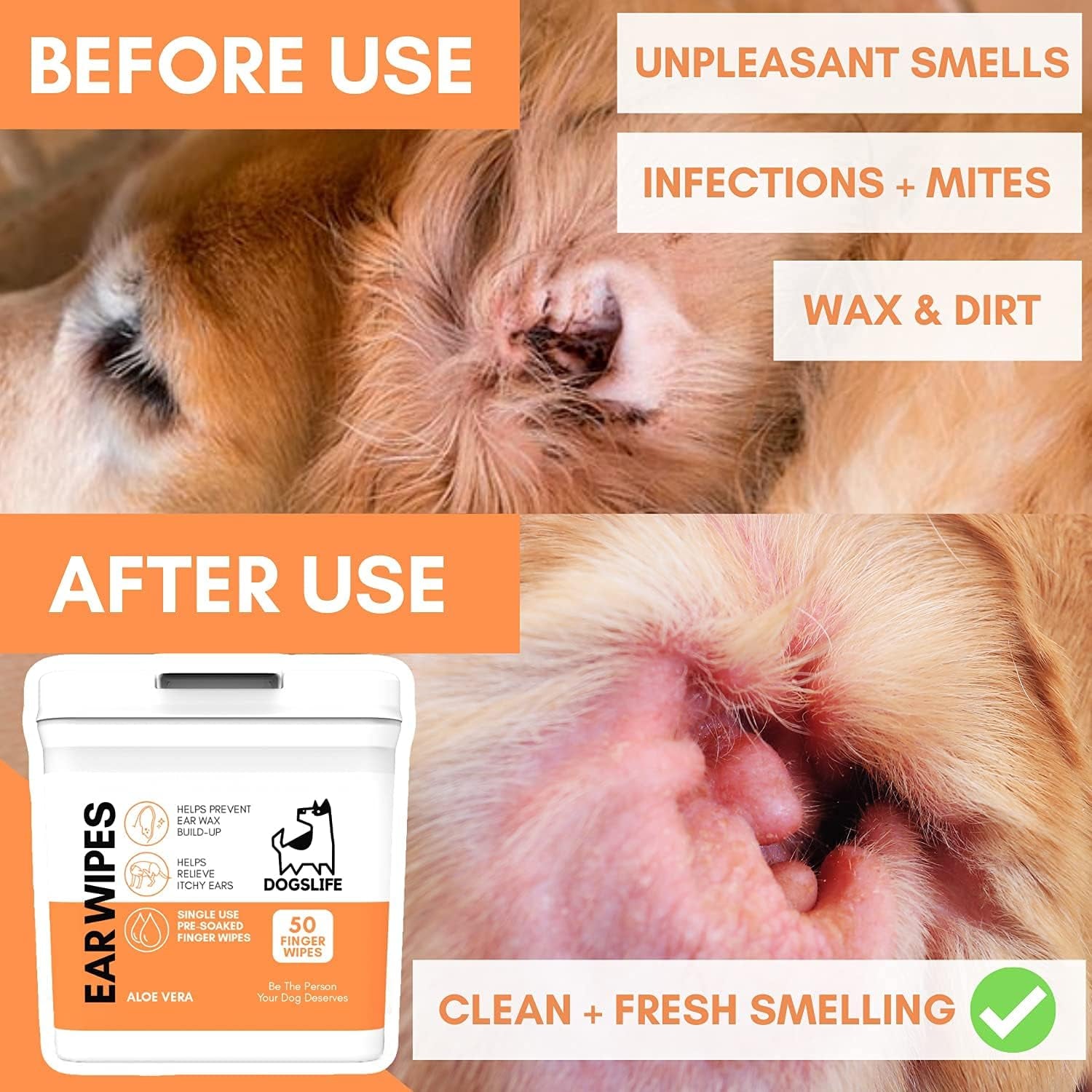 Dog Ear Wipes | Soft, Quick & Easy Ear Wipes for Dogs | Remove Wax, Dirt & Stop Smelly, Itchy Dog Ears | 50 Soothing Aloe Vera Dog Ear Cleaning Finger Wipes!