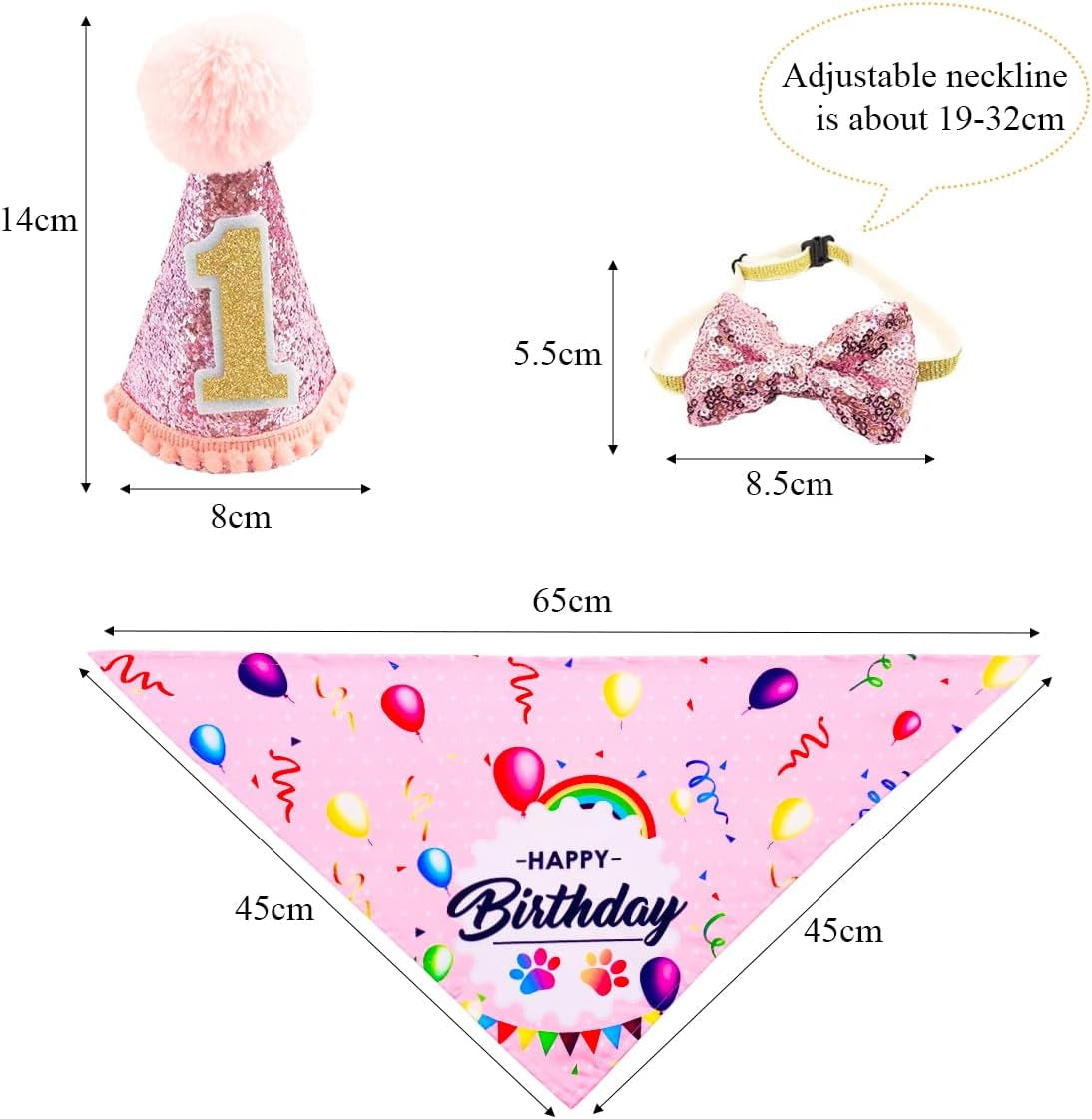 Pink Dog 1St Birthday Hat、Bandana and Bowtie for Girls Small Medium Dogs Cats Happy Birthday Hat Doggy Party Supplies Adjustable Pet Collar Bowtie Celebration Pet Birthday Neckerchief Set