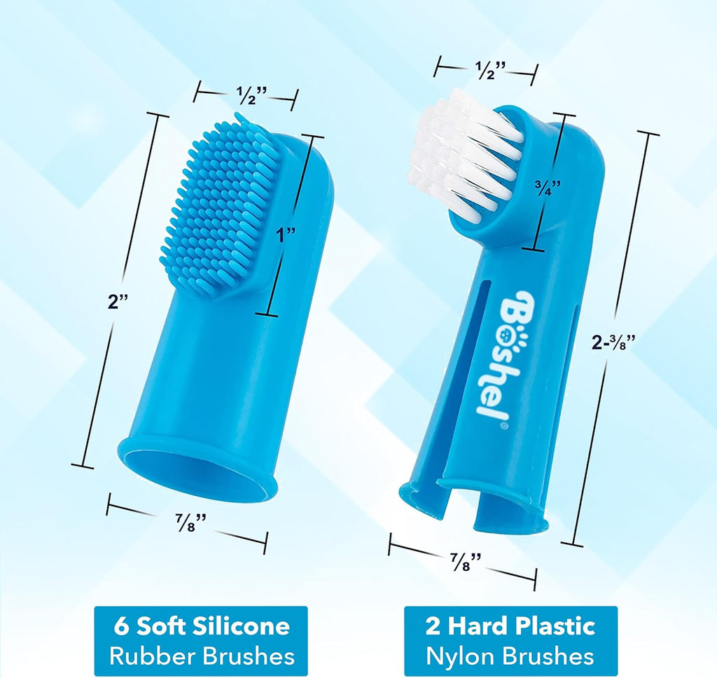 Dog Finger Toothbrush Set - 8 Pack Includes 6 Silicone Bristle + 2 Nylon Bristle Dog & Cat Toothbrushes - Approved - Dental Oral Care - Kit for Small, Medium & Large Pets