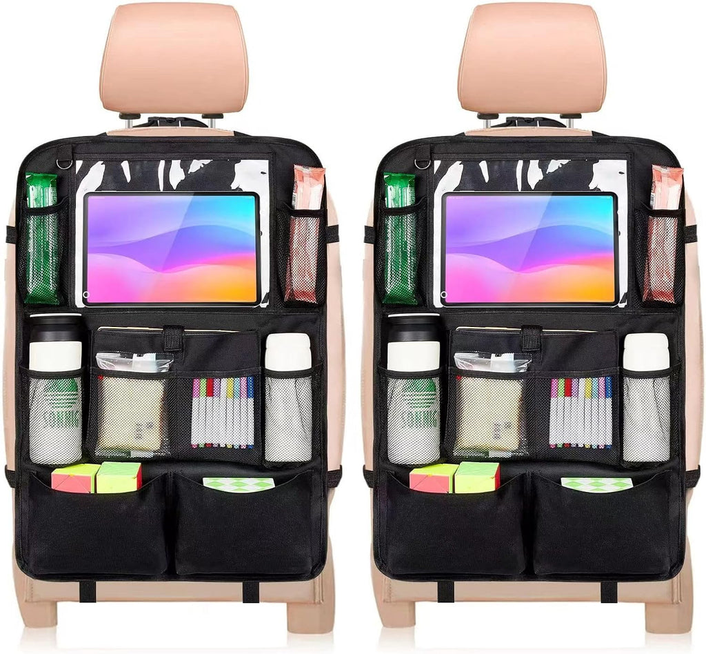 Car Seat Organizer, 2 Pack Backseat Car Organizer for Kids, Car Back Seat Protector Car Travel Accessories with Pad Tablet Holder and 9 Storage Pockets, Black