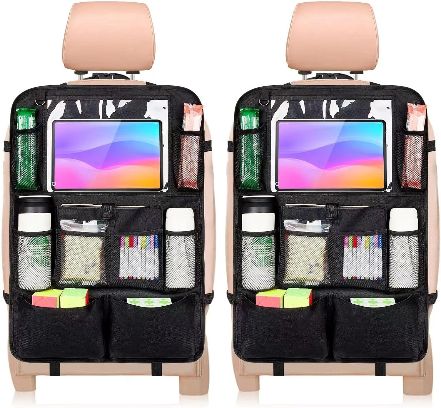Car Seat Organizer, 2 Pack Backseat Car Organizer for Kids, Car Back Seat Protector Car Travel Accessories with Pad Tablet Holder and 9 Storage Pockets, Black