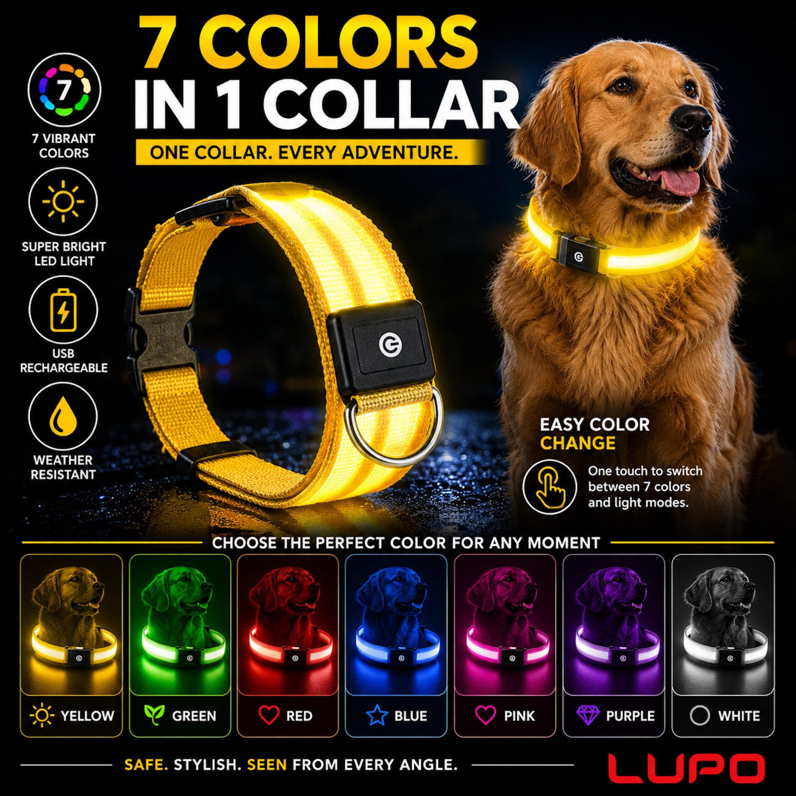 LED Dog Pet Collar USB Rechargeable Flashing Luminous Safety Night Light Up