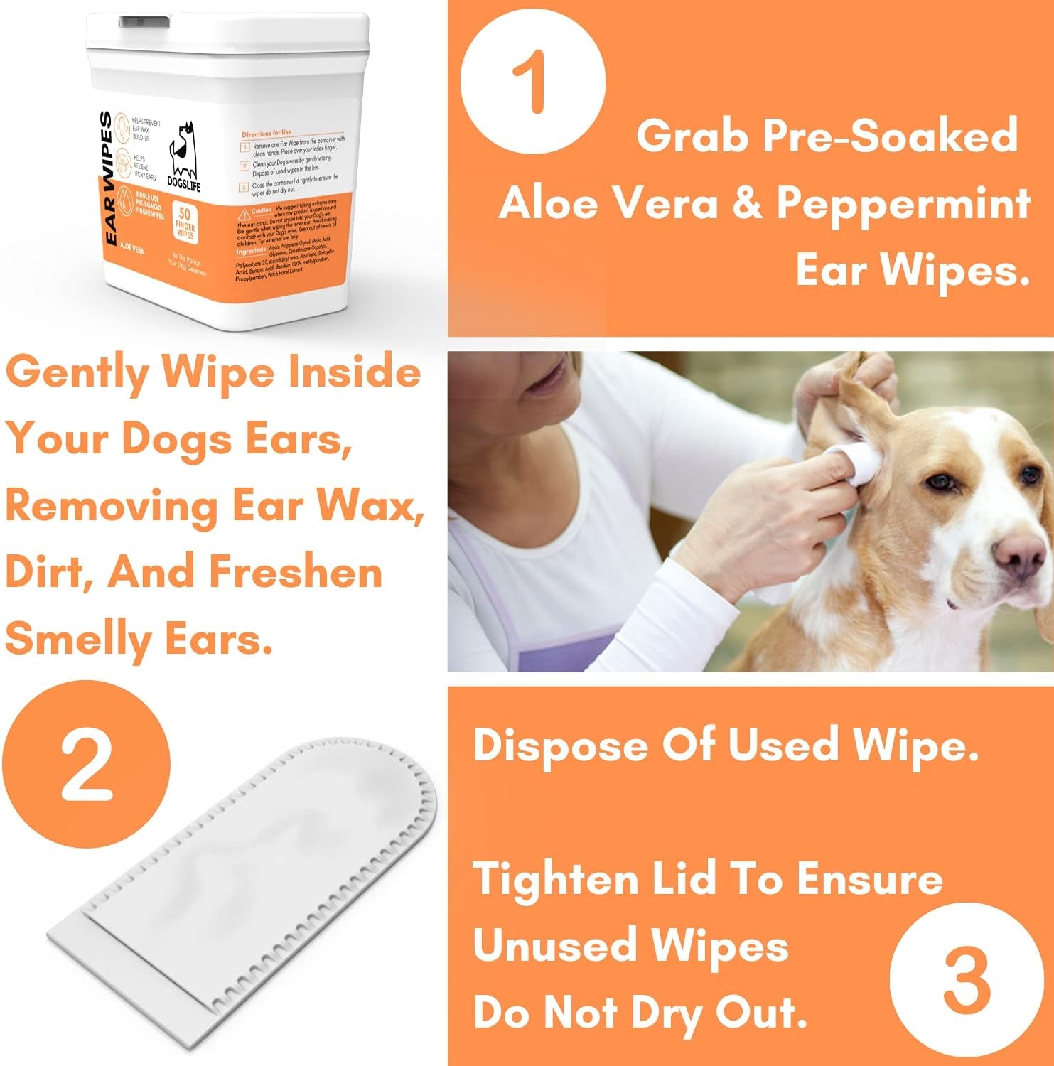 Dog Ear Wipes | Soft, Quick & Easy Ear Wipes for Dogs | Remove Wax, Dirt & Stop Smelly, Itchy Dog Ears | 50 Soothing Aloe Vera Dog Ear Cleaning Finger Wipes!