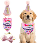 Pink Dog 1St Birthday Hat、Bandana and Bowtie for Girls Small Medium Dogs Cats Happy Birthday Hat Doggy Party Supplies Adjustable Pet Collar Bowtie Celebration Pet Birthday Neckerchief Set