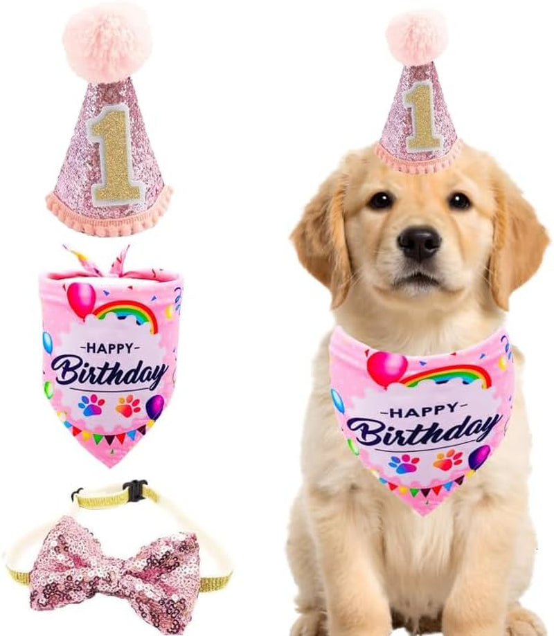 Pink Dog 1St Birthday Hat、Bandana and Bowtie for Girls Small Medium Dogs Cats Happy Birthday Hat Doggy Party Supplies Adjustable Pet Collar Bowtie Celebration Pet Birthday Neckerchief Set