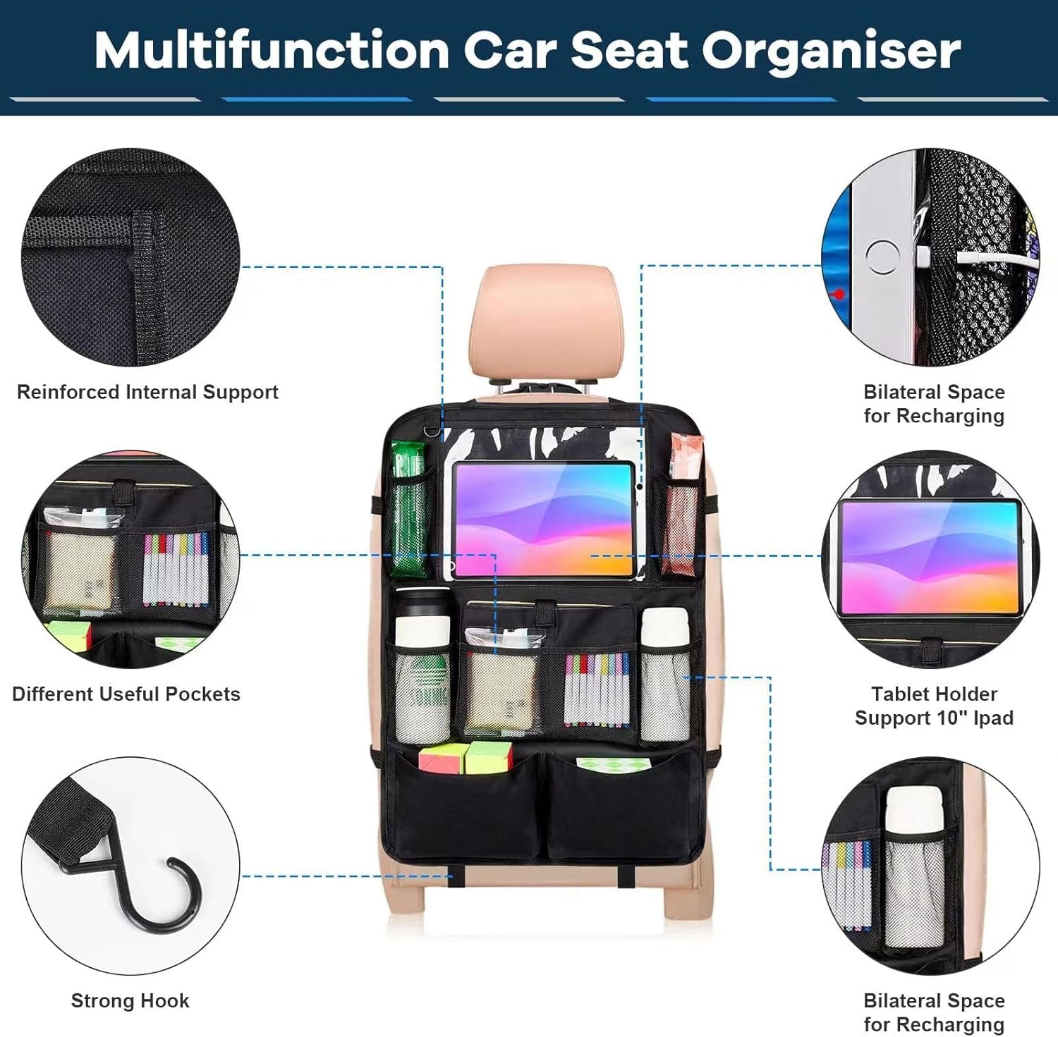 Car Seat Organizer, 2 Pack Backseat Car Organizer for Kids, Car Back Seat Protector Car Travel Accessories with Pad Tablet Holder and 9 Storage Pockets, Black