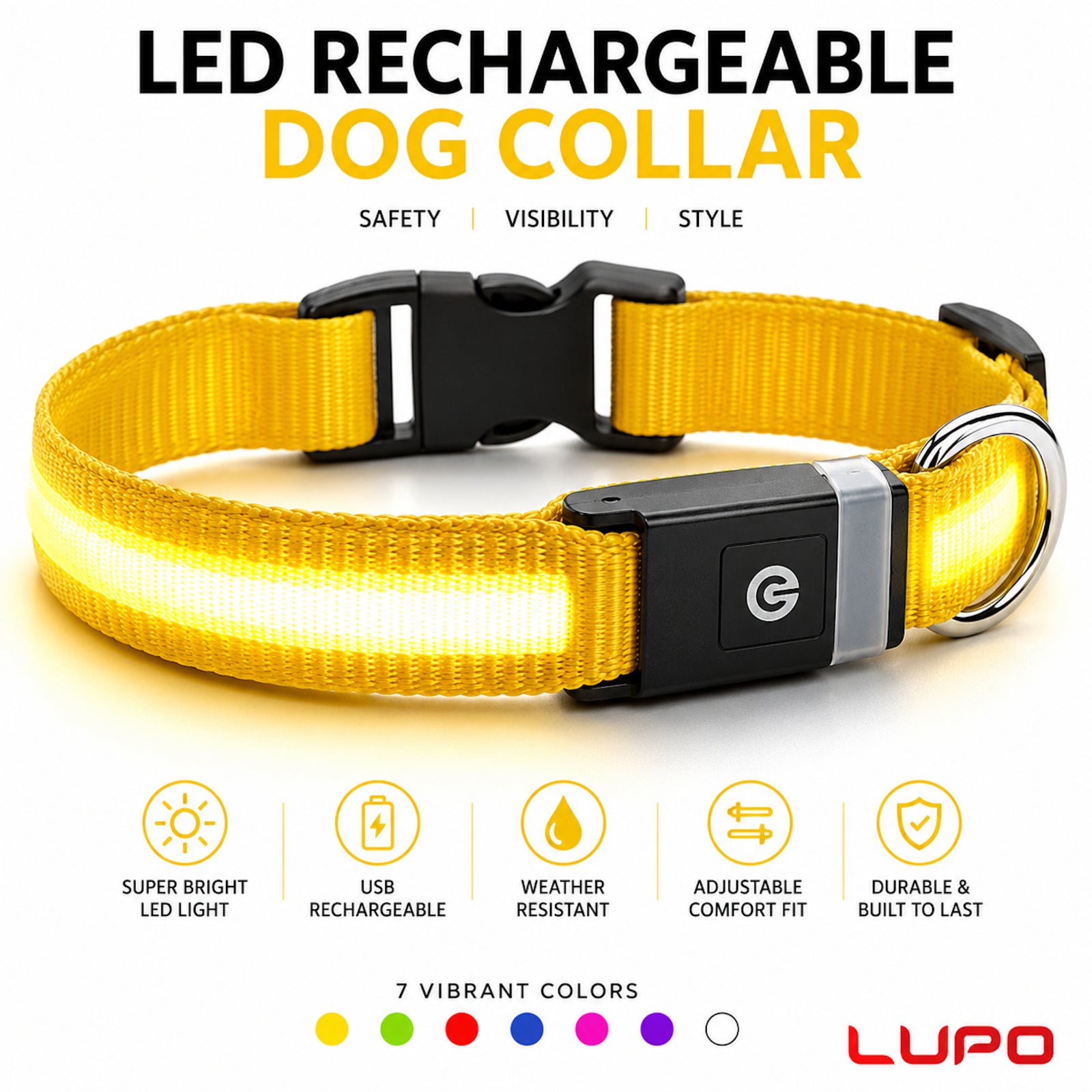 LED Dog Pet Collar USB Rechargeable Flashing Luminous Safety Night Light Up