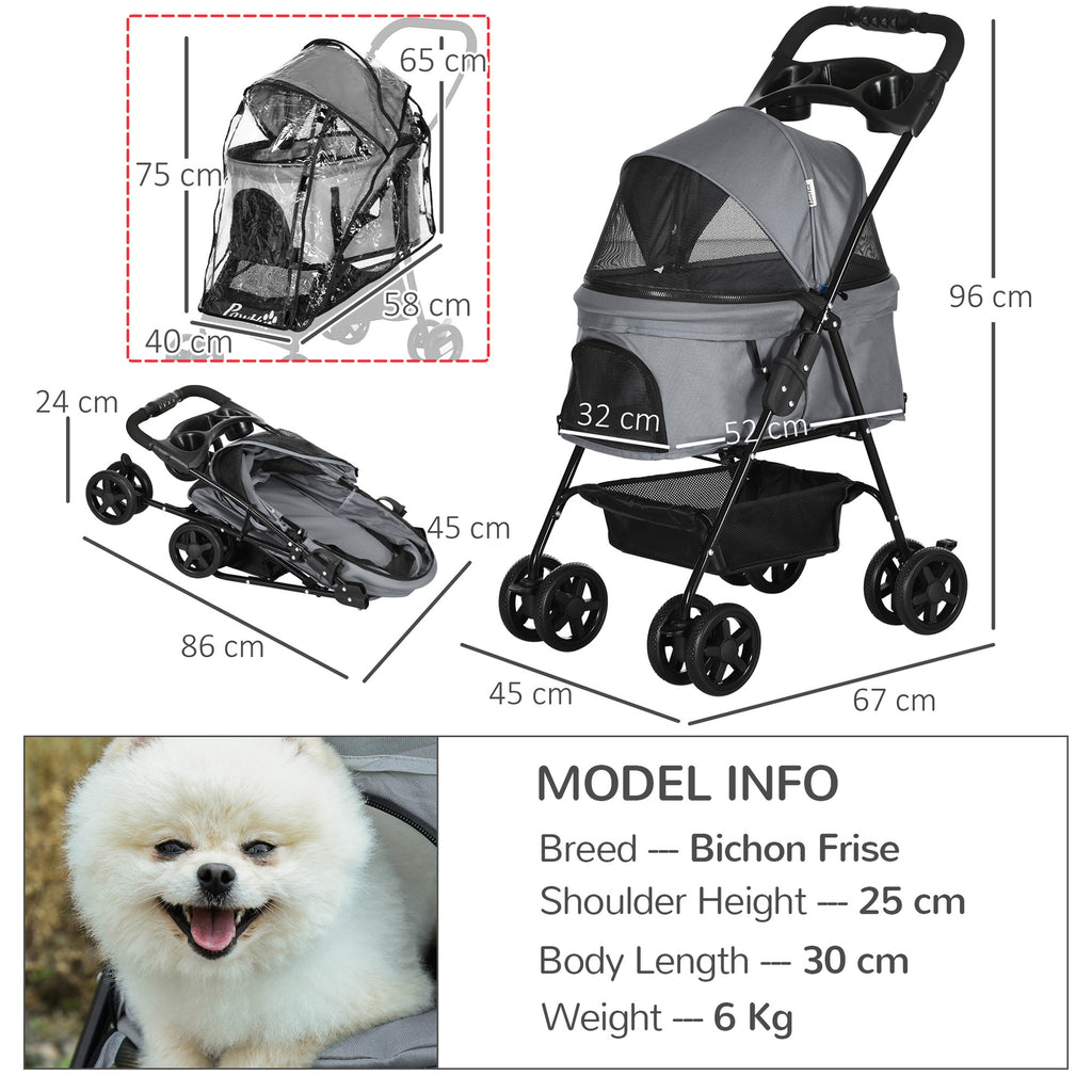 Pawhut Dog Stroller with Rain Cover EVA Wheels Brake Basket Adjustable Canopy