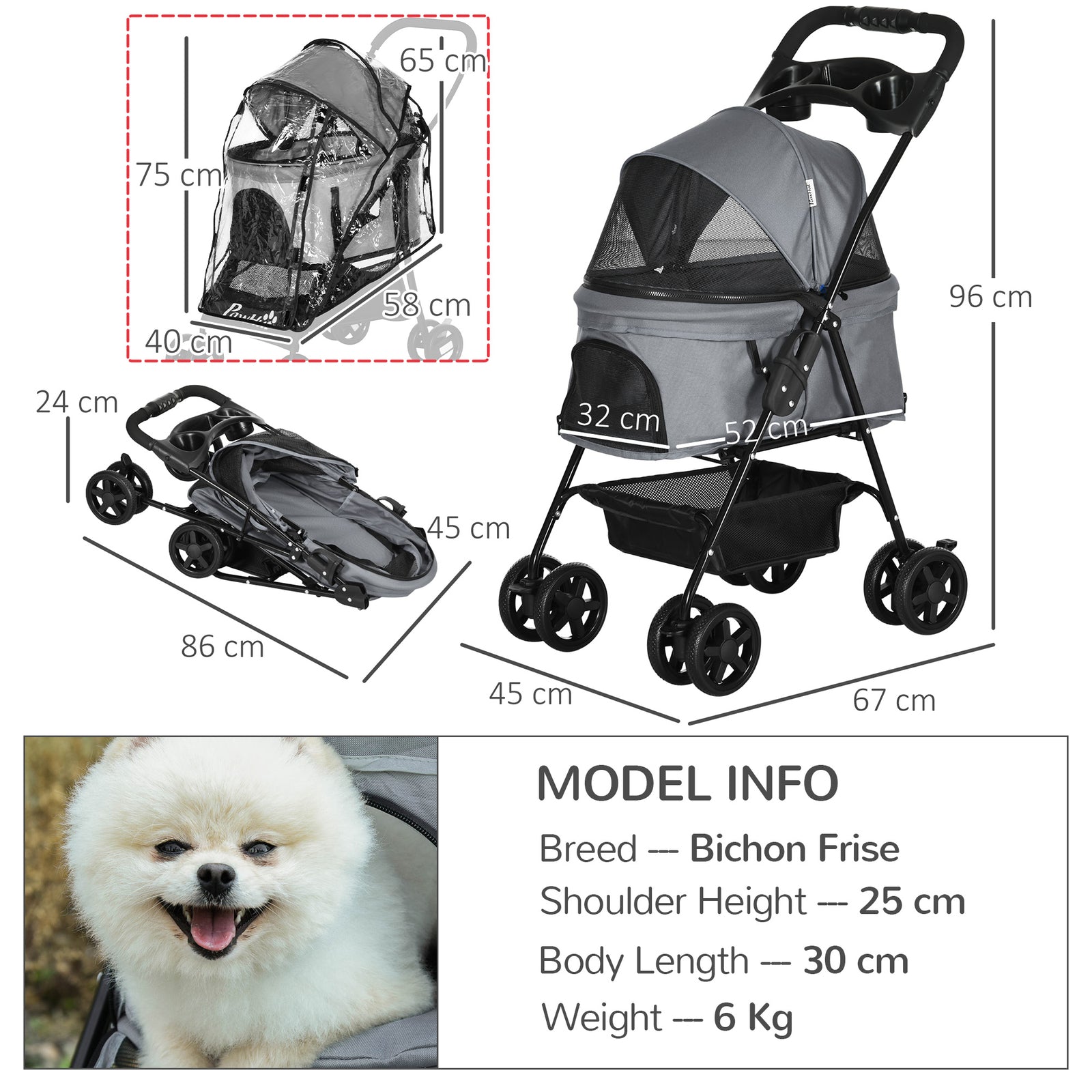 Pawhut Dog Stroller with Rain Cover EVA Wheels Brake Basket Adjustable Canopy