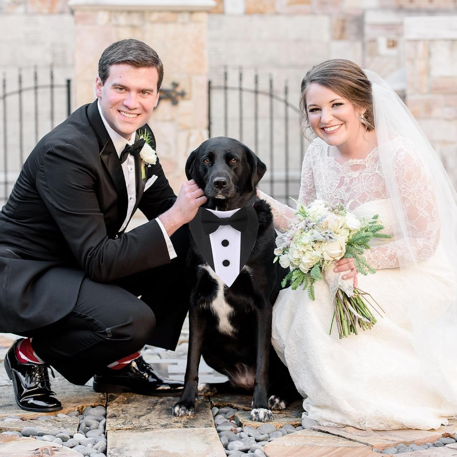 Dog Tuxedo Wedding Bandana Collar with Bow Tie Adjustable Dog Tuxedo Suit Formal Dog Costumes Pet Party Tux for Small Medium Large Dogs Pets(Large: Neck 15”-25”)