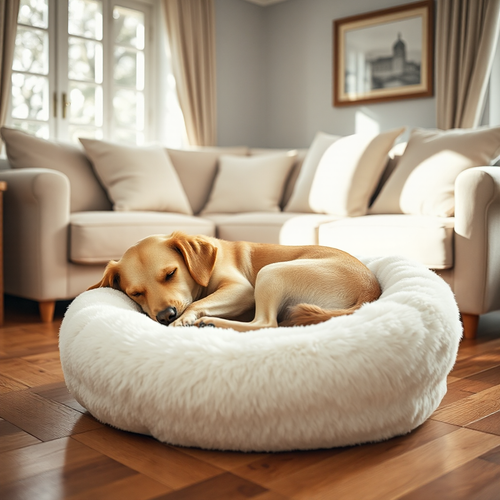 CalmNest Donut Dog Bed — dog sleeping peacefully in white fluffy donut bed in UK living room