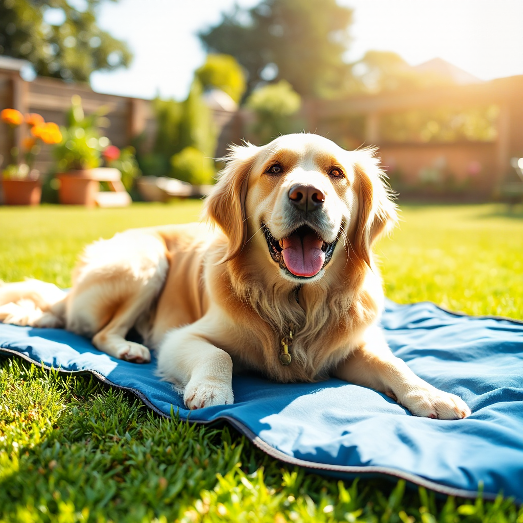 Dog self-cooling mat in British garden — TailSpark