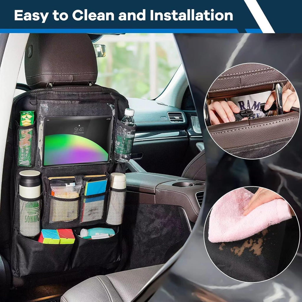 Car Seat Organizer, 2 Pack Backseat Car Organizer for Kids, Car Back Seat Protector Car Travel Accessories with Pad Tablet Holder and 9 Storage Pockets, Black