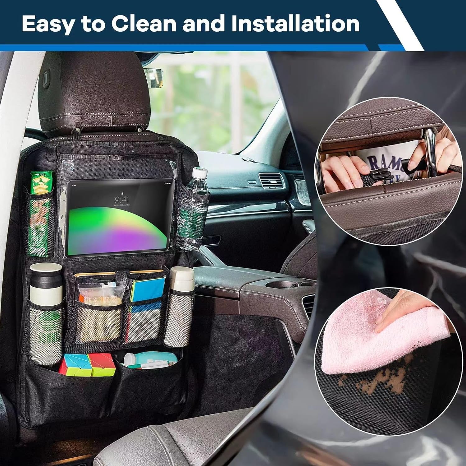 Car Seat Organizer, 2 Pack Backseat Car Organizer for Kids, Car Back Seat Protector Car Travel Accessories with Pad Tablet Holder and 9 Storage Pockets, Black