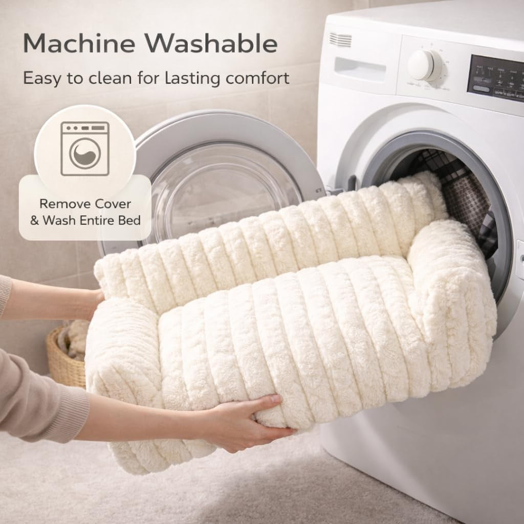 Luxury Plush Orthopaedic Dog Bed Soft Ribbed Cat Pet Sofa Washable Calming 86Cm