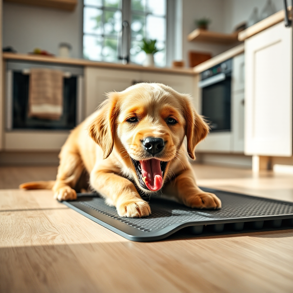 Happy puppy with calming lick mat — TailSpark lifestyle