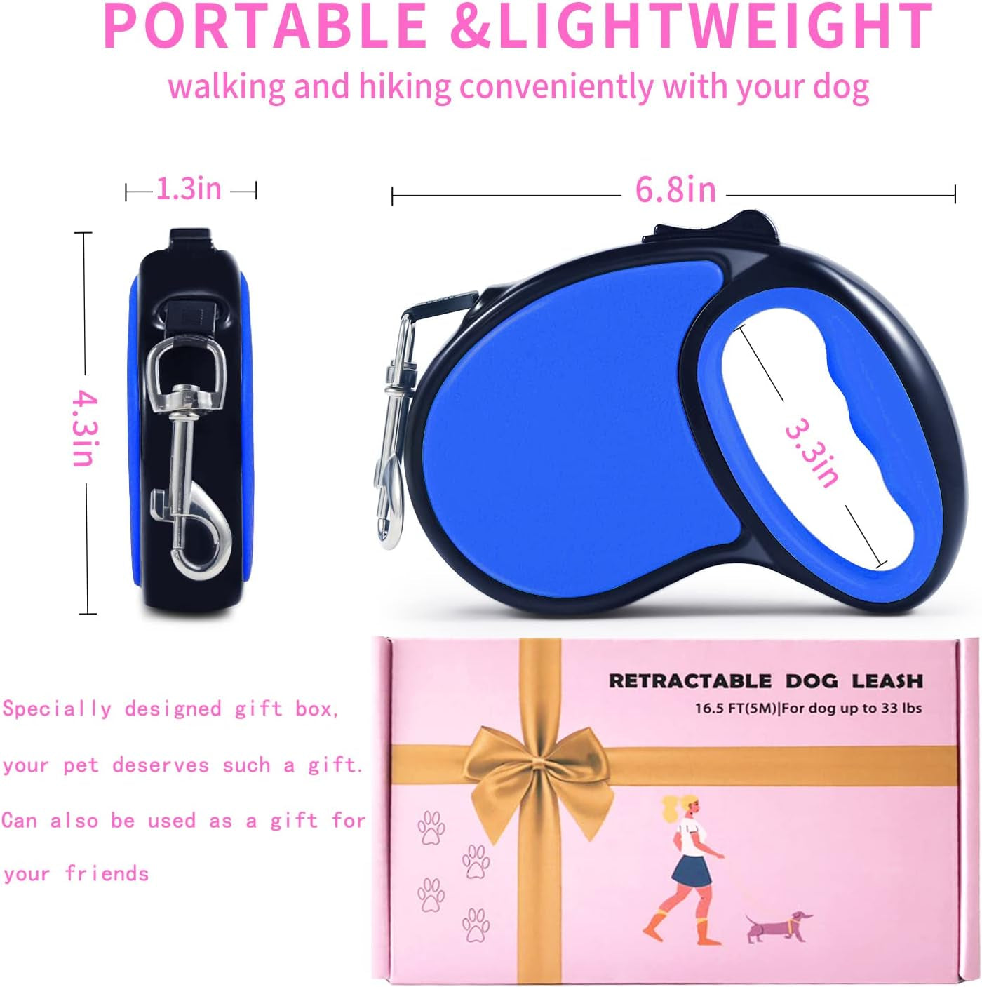 Retractable Dog Lead,  5M/16FT Extendable Dog Lead 360°Tangle-Free Smooth&Durable Nylon Tape with Anti-Slip Handle, One-Handed Brake for Small Medium Dogs (Navy Blue)