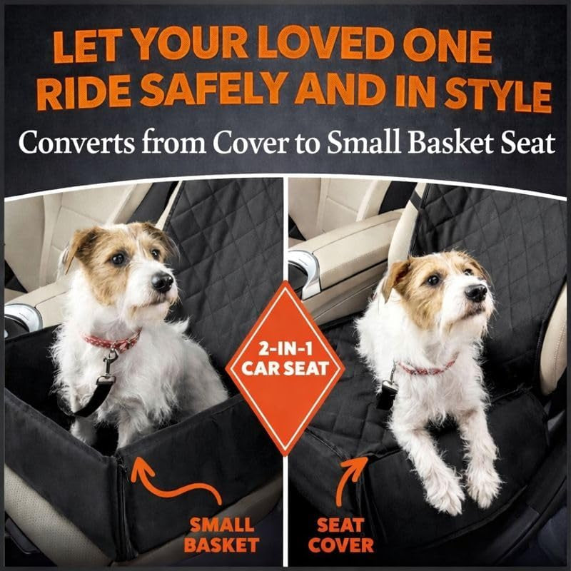 Muttstuff Car Seat for Pets - Waterproof Booster Seat Puppy Seat Belt, 2-In-1 Seat Cover for Dog in Car, Puppy Travel Car Seat, Foldable Safety Basket Seat for Small to Medium Dogs