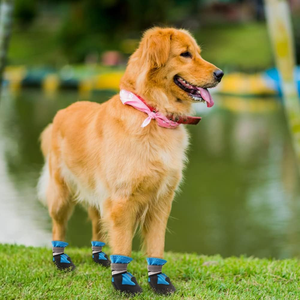 Dog Boots, Set of 4 Waterproof Dog Shoes with Reflective Straps Anti-Slip Sole Outdoor Paw Protectors Puppy Shoes for Small Medium Dogs Autumn Winter (Blue, XXL)