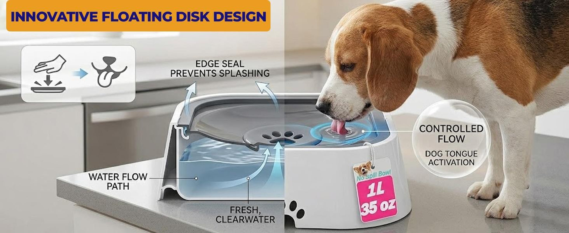 Pet Water Bowl 35Oz Non Spill Dog Water Bowl Slow Drink