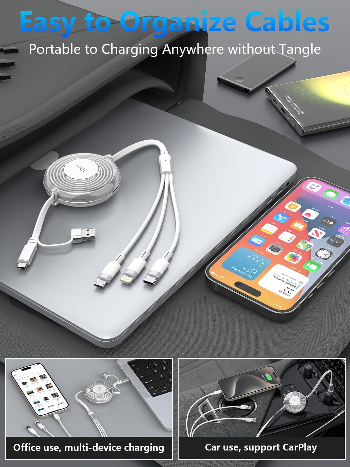 Cable de Carga 3 en 1 Retráctil — 100W Carga Rápida USB-C